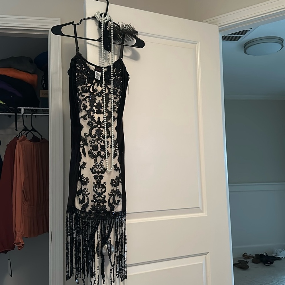 Roaring 20s sequined dress and costume jewelry